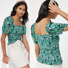 Dolan Left Coast For Anthropologie Smocked Puff-Sleeved Top Features A Whimsical Tropical Print And Playful Puffed Sleeves. Elasticized Shoulders And Cuffs. Square Neckline With Smocked Bodice. Pullover Styling. Perfect To Style With Denim, Shorts Or Skirts. This Top Will Quickly Become Your Favorite Warm Weather Staple. Condition: Brand New Without Tags. Never Worn, Perfect Condition. Size: X-Small, Small, And Medium Available Color: Green/Multi Approximate Measurements (When Laid Flat): Size X Casual Puff Sleeve Top With Square Neck, Casual Summer Smocked Top With Lantern Sleeves, Casual Smocked Top With Square Neck And Elastic Sleeves, Casual Smocked Top With Balloon Sleeves For Summer, Fitted Smocked Top With Lantern Sleeves For Summer, Trendy Short Sleeve Puff Top With Smocked Bodice, Fitted Lantern Sleeve Smocked Top For Summer, Summer Smocked Top With Balloon Sleeves, Casual Smocked Top With Lantern Sleeves