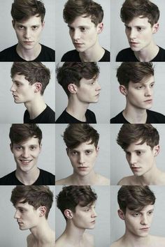 multiple images of a man with different hair styles and facial expressions, all in black shirt