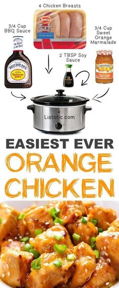 an advertisement for orange chicken in front of a crock pot