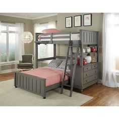 a gray bunk bed sitting next to a window