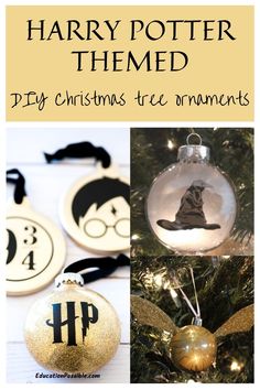 harry potter themed christmas tree ornaments with text overlay that reads diy christmas tree ornaments