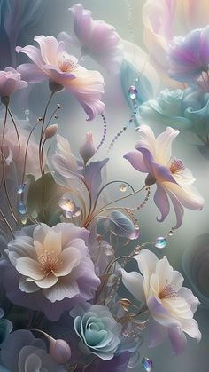 an artistic painting with flowers and water droplets on the bottom, in pastel colors