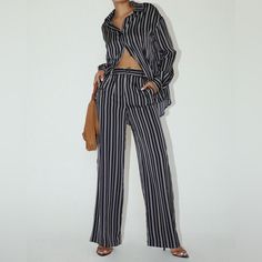 Black And White Striped Pants And Long-Sleeve Set. Zipper And Button At The Waist. Nwt Striped Long Sleeve Sets For Work, Chic Button-up Pants For Day Out, Chic Loungewear Pants With Button Closure, Chic Workwear Button-up Sets, Black And White Striped Pants, Striped Pants, Button Down Shirt, Womens Tops, Black White