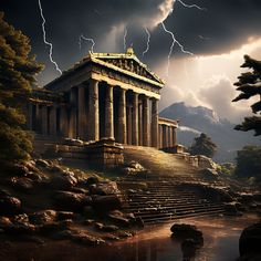 an ancient greek temple surrounded by rocks and trees with lightning in the sky above it