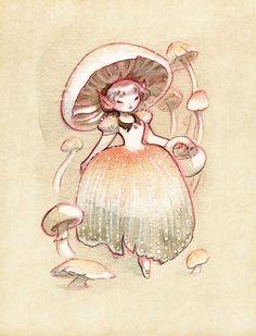 a drawing of a woman in a dress and hat with mushrooms on the ground behind her