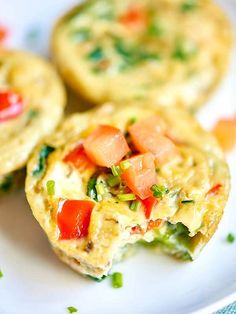 an omelet with tomatoes and green onions on a white plate