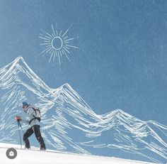 a drawing of a man hiking up a snowy mountain