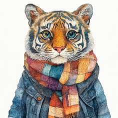 a drawing of a tiger wearing a jacket and scarf with his eyes wide open, looking at the camera