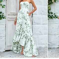 two photos of a woman in a white and green dress standing next to a door