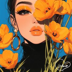 a painting of a woman with bright orange makeup and yellow flowers in front of her face