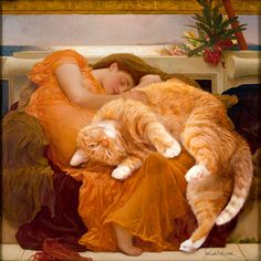 an orange and white cat laying on top of a woman's head next to a painting