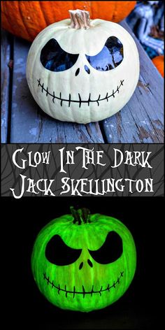 glow in the dark jack skellingon pumpkins with text overlay that says glow in the dark jack skellingon