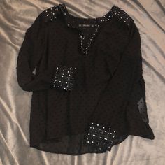 Black Zara Blouse. Very Pretty With Detailing In The Back. Never Worn Spring Black Blouse For Party, Spring Party Blouse In Black, Spring Party Black Blouse, Trendy Black Long Sleeve Blouse, Casual Long Sleeve Blouse For Going Out, Casual Black Blouse For Going Out, Chic Black Top For Going Out, Black Tops For Going Out In Spring, Trendy Black Workwear Blouse