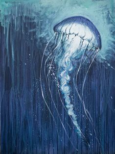 a painting of a jellyfish in blue water