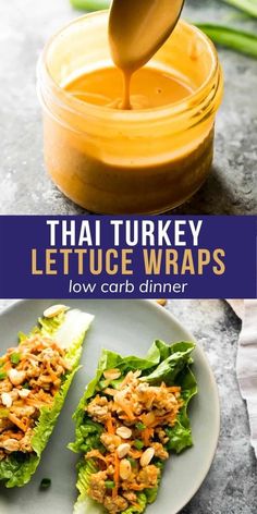 thai lettuce wraps on a plate with peanut butter and sauce in the background