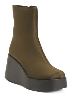 Platform Sole, 3.5In. Heel, Mid Calf Boots, 7In. Shaft Height, 11In. Shaft Circumference, Taken From Size 9, Square Toe, Side Zip Closure, Textile Upper, Imported | Starling Platform Booties for Women Fitted Platform Boots With Wedge Heel, Booties For Women, 9 Square, Starling, Calf Boots, Mid Calf Boots, Shoe Store, Boot Shop, Mid Calf