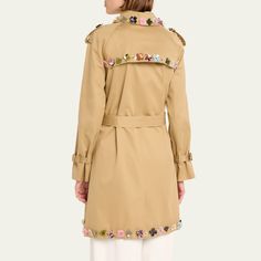 Libertine "Button Town" belted trench coat features multicolor buttons throughout the trim  Spread collar  Two-row button front  Long sleeves; belted shoulders and cuffs  Adjustable belted waist  Side slip pockets  Mid-length  Relaxed fit  Cotton Lining: Polyester Dry clean Made in USA Designer Spring Outerwear With Belted Cuffs, Wardrobe Sale, Travel Size Perfume, Evening Flats, Cocktail Jacket, Belted Trench Coat, Cleanser And Toner, Spring Wardrobe, Platform Pumps