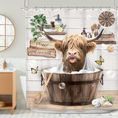 a shower curtain with a cow in a bathtub