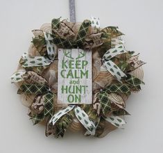 This Keep Calm & Hunt On Wreath would look great in a log cabin in the woods. It would make the perfect gift for the hunter in your life. The green gives a pop of color. This wreath is made thin enough to fit between the door & the screen door. This wreath measures approximately 23x23x4. Item will be shipped securely in a box to prevent damage. During shipping the ribbons can settle and my need to be fluffed once out of the box. All wreaths are shipped UPS, USPS, or FEDEX ground unless otherwise Deer Wreath, Cabin In The Woods, Springfield Mo, A Log, The Hunter, Screen Door, Covered Porch, Cabins In The Woods, Wired Ribbon