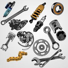 various types of car parts and tools on a white background, including the front end of a