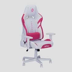 a white and pink office chair with red trimmings on the back, sitting in front of a gray background