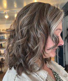 Brown Hair Gray Blending Lavender Grey Hair, Grey Brown Hair, Gray Blending, Sleek Bob Hairstyles, Platinum Blonde Balayage, Grey Highlights, Hair Adviser, Hair Gray, Transition To Gray Hair