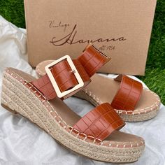 Vintage Havana Tan Robin Wedge Sandal. Cute And Trendy Wedged Heel, Soft Neutral Color. Brown Closed Toe Wedge Sandals For Vacation, Brown Closed Toe Wedge Sandals For Beach, Brown Summer Wedge Sandals For Beach, Brown Summer Wedge Sandals, Brown Slip-on Wedge Sandals For Vacation, Vintage Havana Shoes, Pink Wedge Sandals, Havana Shoes, Wedged Heel