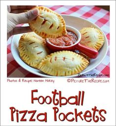 football pizza pockets on a white plate with a red checkered tablecloth and text overlay