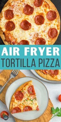 air fryer tortilla pizza with cheese and pepperoni on the top is shown