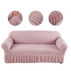 a pink couch with ruffles on it and three different pictures above the couch