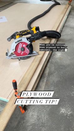 a corded saw is laying on top of a piece of plywood with the words plywood cutting tips