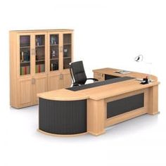 an office desk with bookcases and cabinets