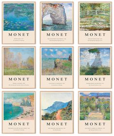 twelve monet paintings in different styles and sizes, each with their own name on them