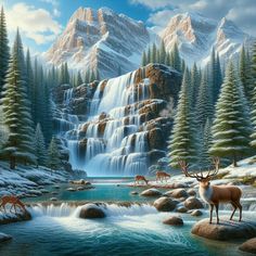 a painting of some animals by a waterfall