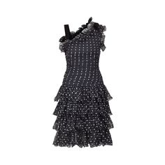 1980s or early 1990s monochrome polka dot chiffon ruffle dress.  This is a great example of playful formal wear from high-end American designer Victor Costa and has a beautiful, ruched bodice and an asymmetric neckline. One shoulder has a wide black velvet shoulder strap while the alternate shoulder is edged in ruffle trim and topped with a black velvet bow. The skirt has 4 tiered rows of ruffles that cascade into a waterfall effect and it has a slightly flared knee length skirt. The dress faste Polka Dot Party Dresses With Ruffles, Polka Dot Ruffled Evening Dress, Elegant Polka Dot Dress With Ruffles, Polka Dot Tiered Dress With Ruffles, Polka Dot Ruffled Dress For Evening, Tiered Polka Dot Dress With Ruffles, Polka Dot Ruffle Dress For Evening, Polka Dot Dress With Ruffle Hem For Party, Polka Dot Party Dress With Ruffle Hem