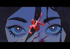 an animated image of a woman flying through the air with her eyes wide open,