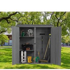 an outdoor storage shed with tools in it