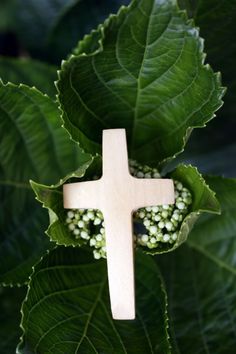 a wooden cross sitting on top of green leaves