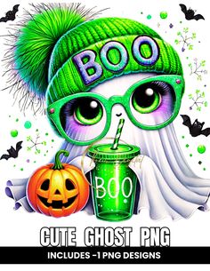 a halloween poster with an image of a ghost wearing glasses and holding a green drink