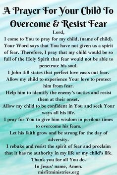 a prayer for your child to overcome and rest - fear with the words above it