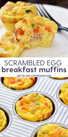 egg breakfast muffins in a muffin tin on a white plate with text overlay