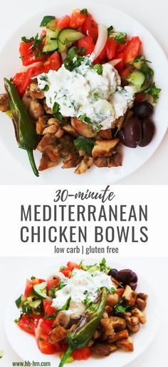 mediterranean chicken bowls with cucumbers, tomatoes, and olives are the perfect side dish for any meal