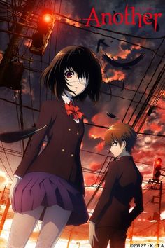 two anime characters standing next to each other in front of an orange and black sky