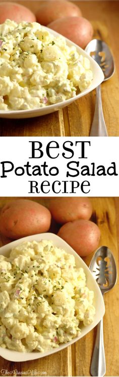 two plates with potato salad on them and the words best potato salad recipe