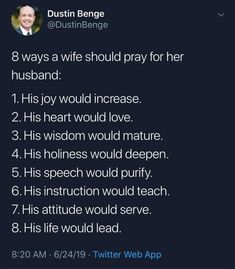 a tweet that reads, 8 ways a wife should pray for her husband