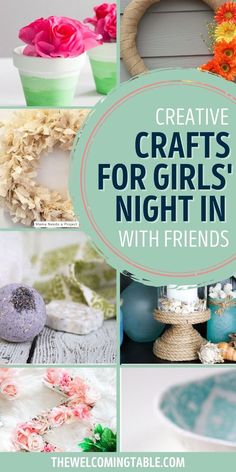 A collage of creative crafts for girls' night in. Ladies Night Party Themes, Crafts For Girls Night, Stamped Clay, Hospitality Ideas, Ladies Night Party