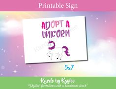 a unicorn birthday sign with the words adopt a unicorn on it's front and back