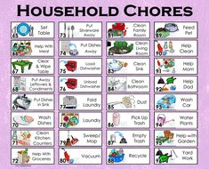 the household chores chart is shown in purple and white with black lettering on it, which includes