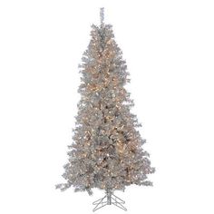 a white christmas tree with lights and snow on the top, against a white background