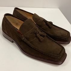 Caporicci Dark Brown They Look Light In The Video Size 9 1/2 And Stitch Made 100% In Italy. A Vintage Collectors Square Tip Loafers. Designer Brown Loafers With Goodyear Welt, Designer Brown Formal Moccasins, Classic Brown Tassel Loafers With Suede Lining, Designer Brown Moccasins For Galas, Formal Brown Moccasins With Suede Lining, Formal Brown Suede Tassel Loafers, Designer Formal Moccasins With Suede Lining, Elegant Brown Tassel Loafers With Closed Toe, Mickey Mouse Vans